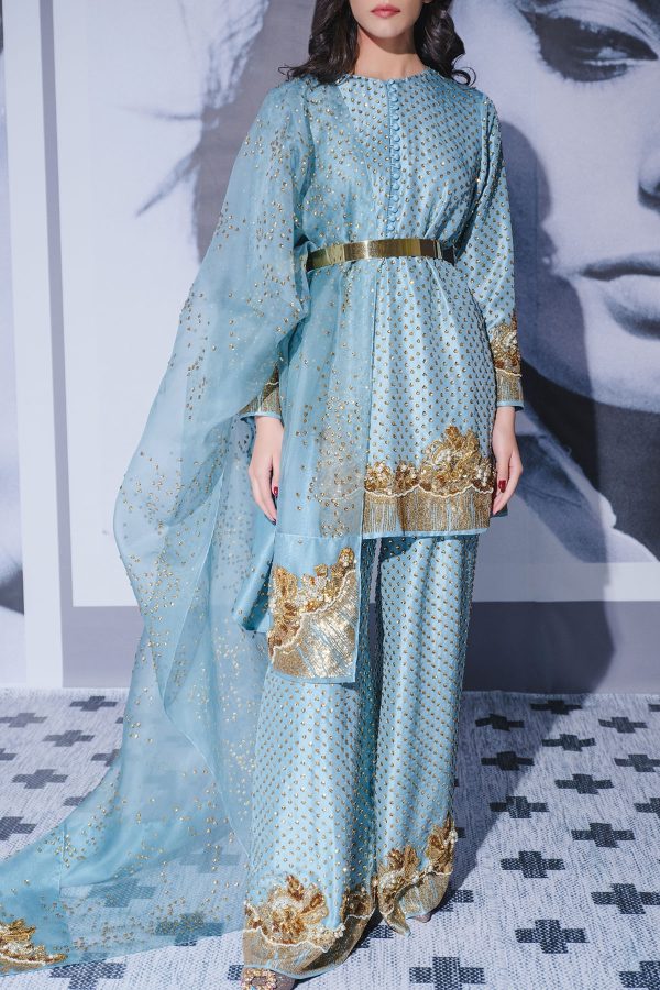 Aqua Embellished Raw Silk Set - Image 2