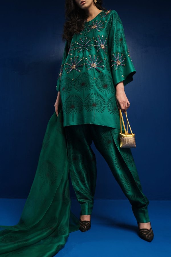 Cadmium Green Embellished Raw Silk Set