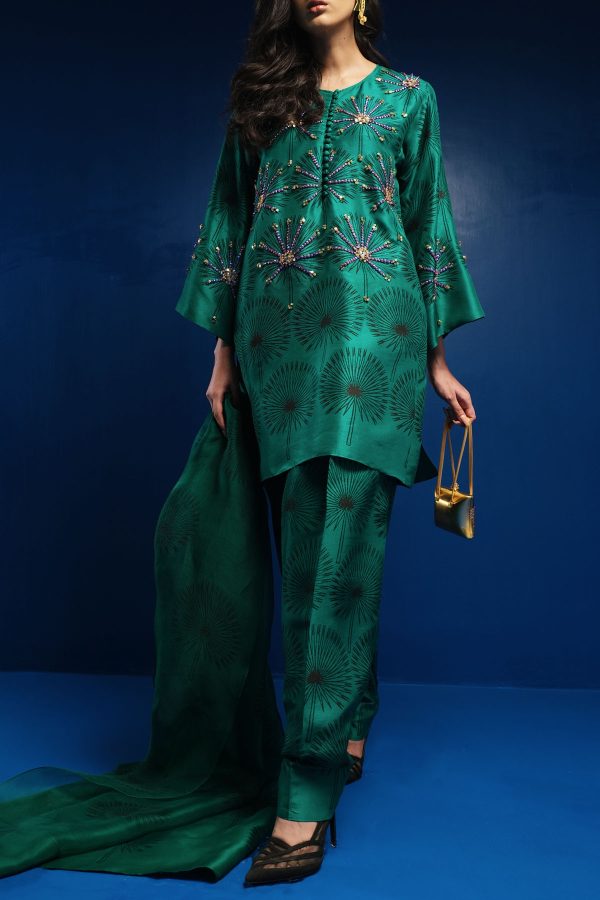 Cadmium Green Embellished Raw Silk Set - Image 2