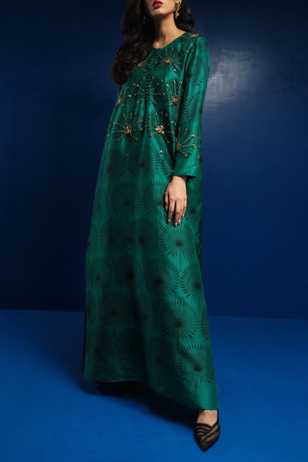 Cadmium Green Block Printed Silk Maxi