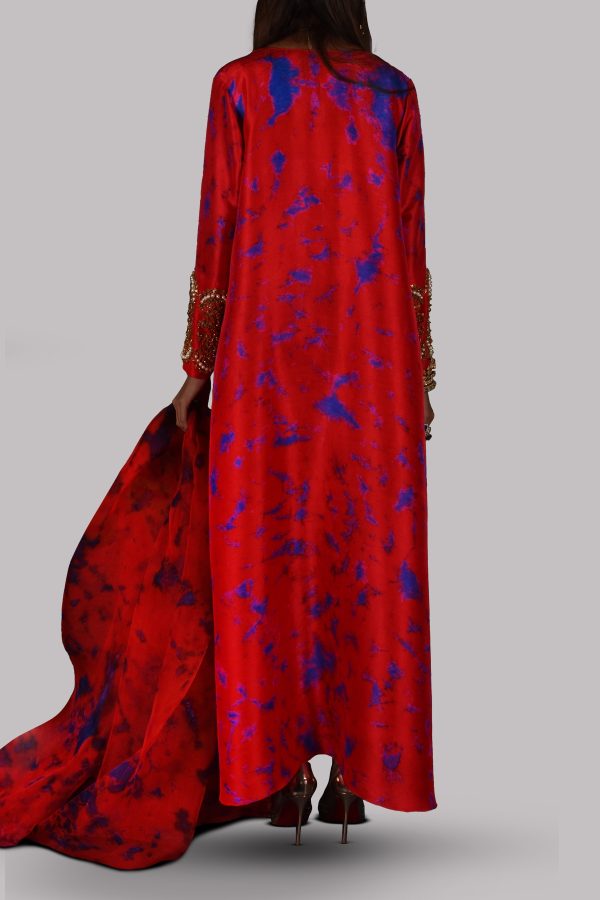 Lollipop Red Tie Dye Embellished Raw Silk Maxi Set - Image 3