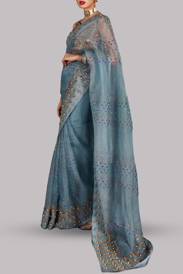 Aqua Embellished Organza Sari - Image 2