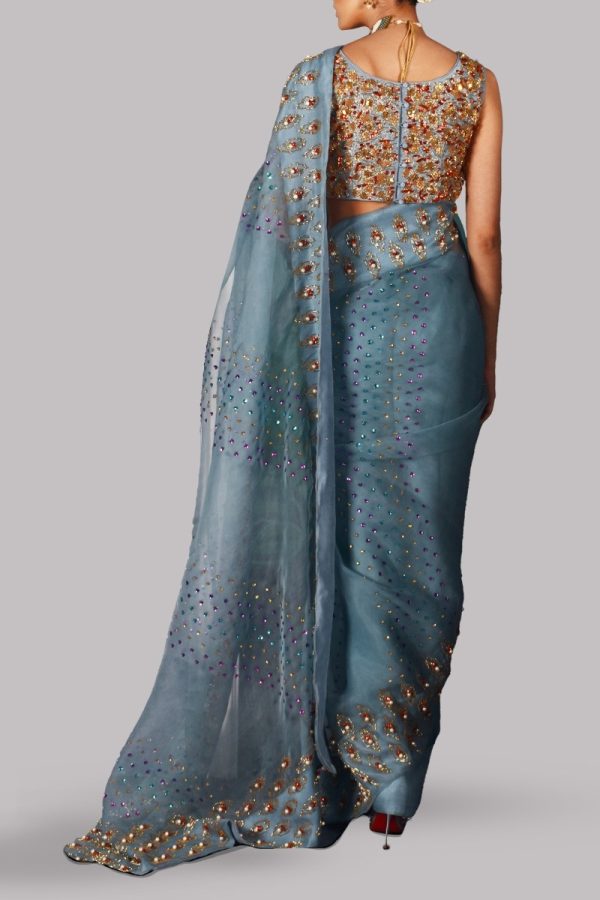 Aqua Embellished Organza Sari - Image 3