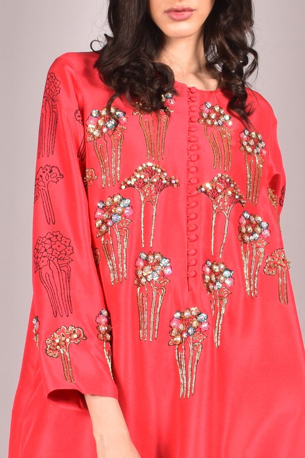 Lollipop Red Block Printed Embellished Raw Silk Maxi - Image 2