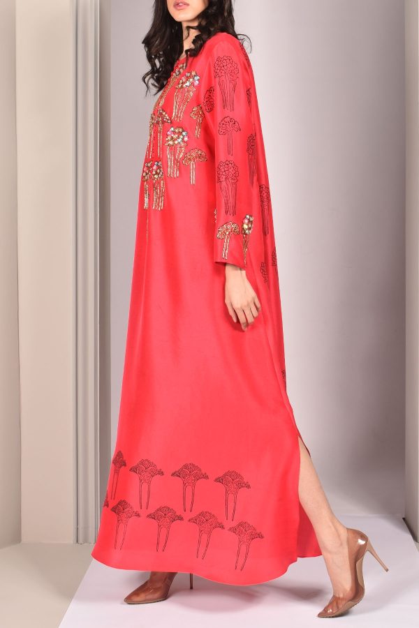 Lollipop Red Block Printed Embellished Raw Silk Maxi - Image 3