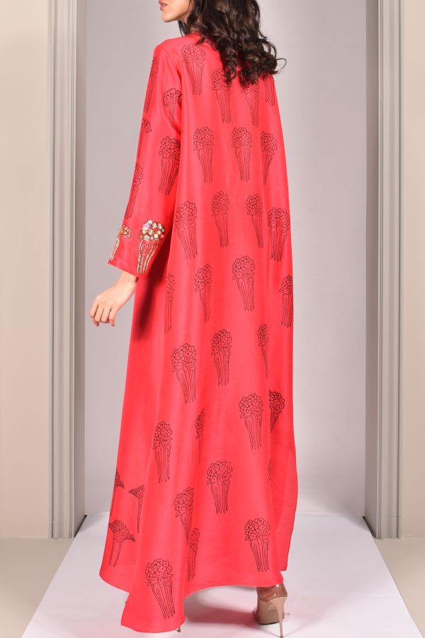 Lollipop Red Block Printed Embellished Raw Silk Maxi - Image 4