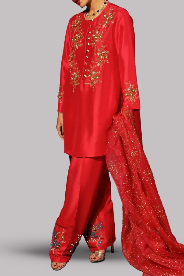 Tango Red Embellished Raw Silk Set