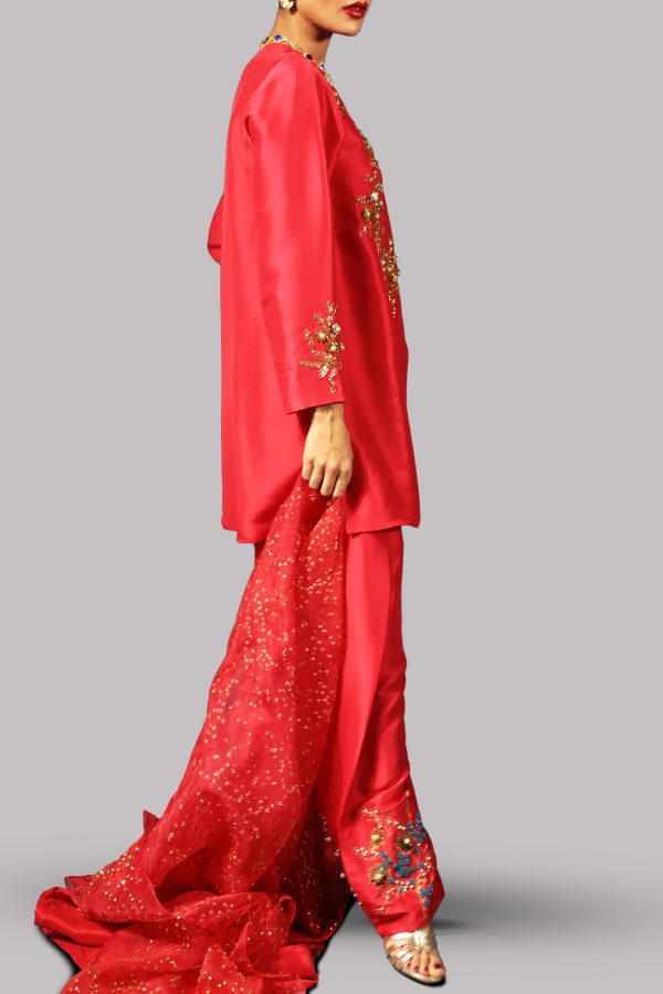 Tango Red Embellished Raw Silk Set - Image 2