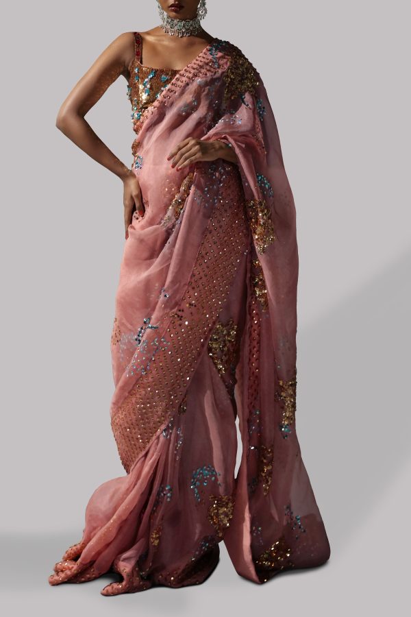 Dusty Pink Embellished Organza Sari