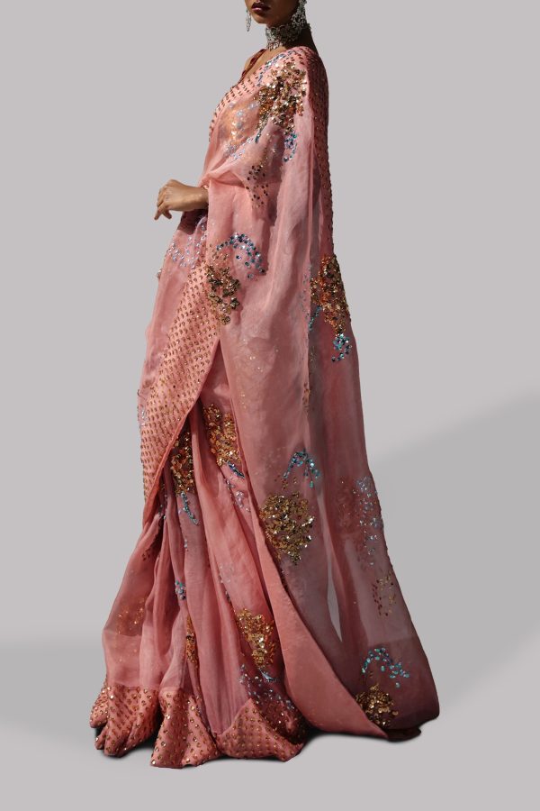 Dusty Pink Embellished Organza Sari - Image 2