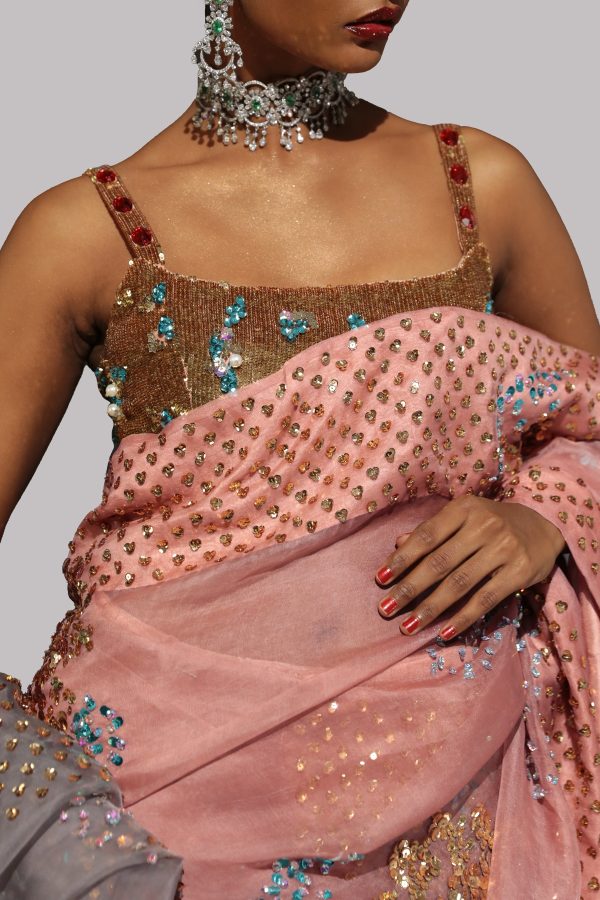 Dusty Pink Embellished Organza Sari - Image 3