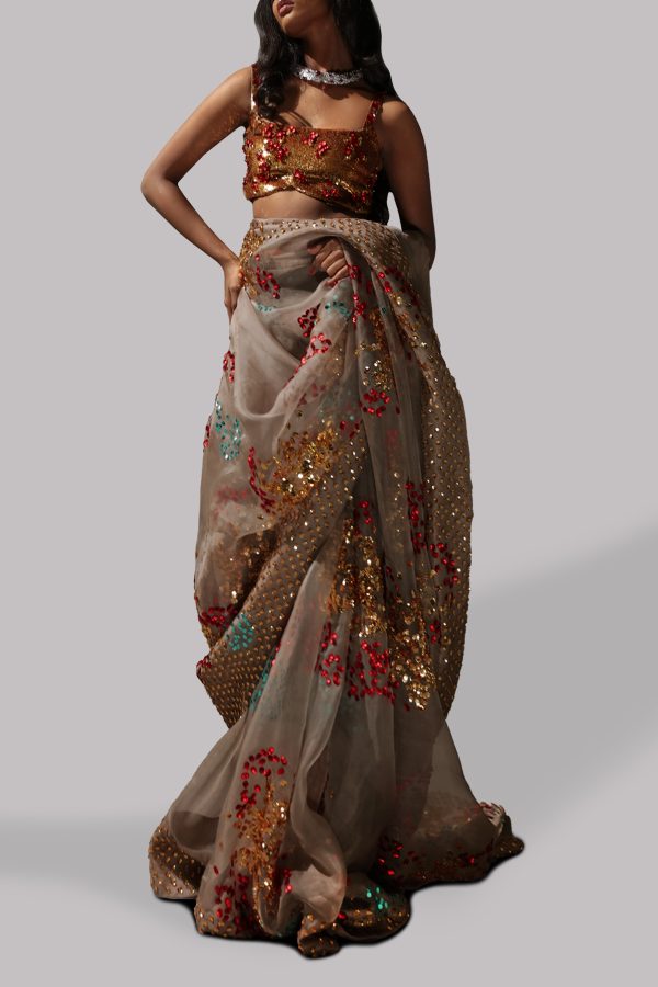 Taupe Grey Embellished Organza Sari