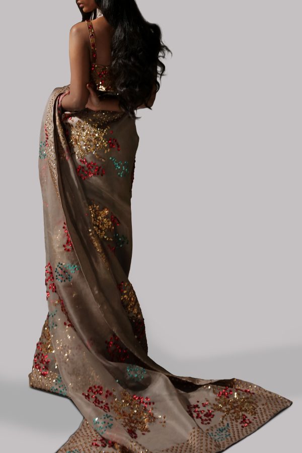 Taupe Grey Embellished Organza Sari - Image 2