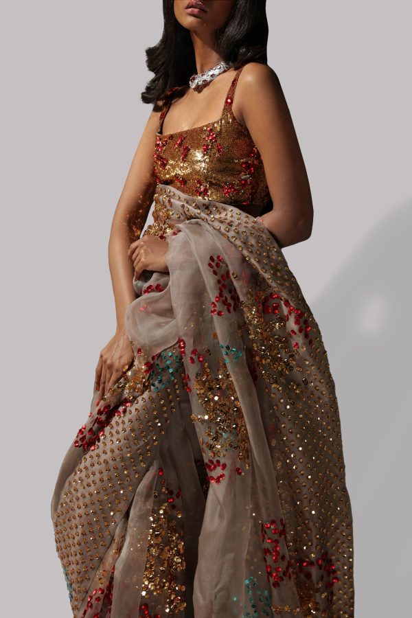 Taupe Grey Embellished Organza Sari - Image 3