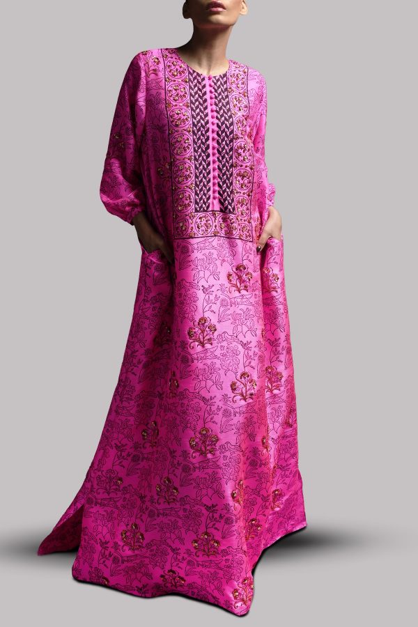 Diva Pink Block Printed Embellished Silk Maxi