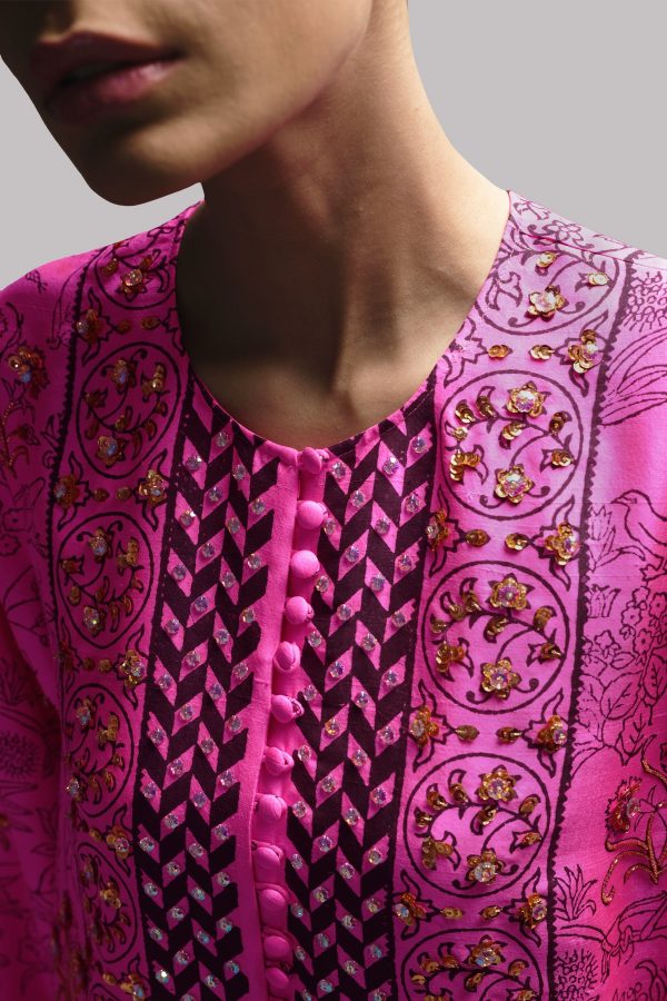 Diva Pink Block Printed Embellished Silk Maxi - Image 3