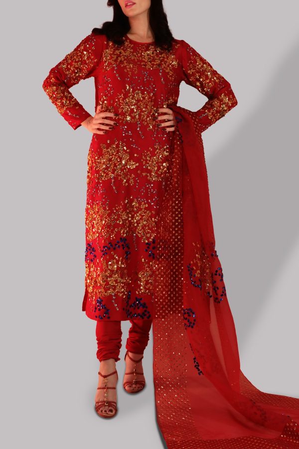 Tango Red Embellished Raw Silk Set