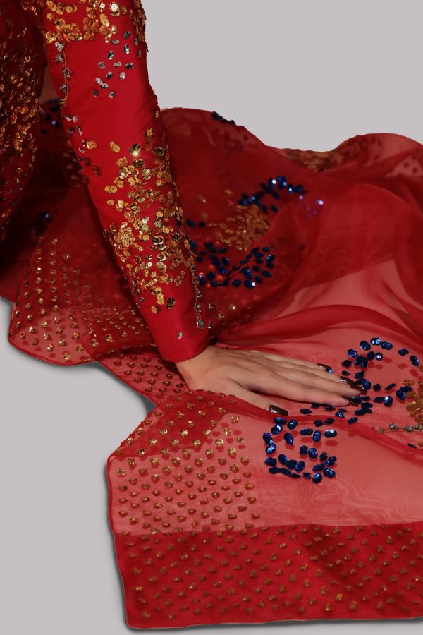 Tango Red Embellished Raw Silk Set - Image 2