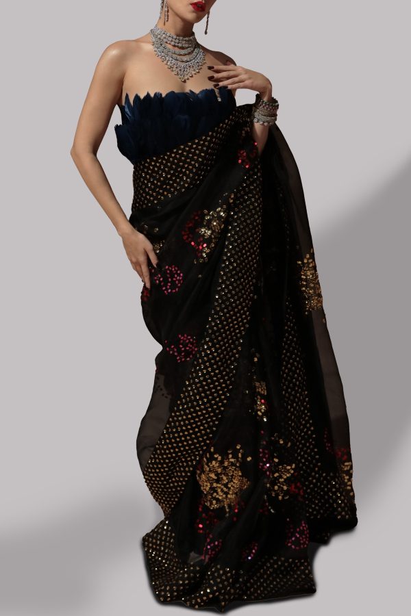 Black Embellished Organza Sari - Image 2