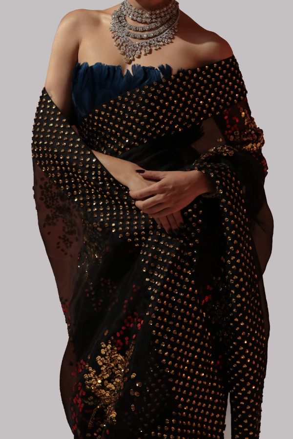 Black Embellished Organza Sari - Image 3