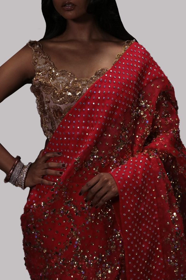 Lollipop Red Embellished Organza Sari - Image 3