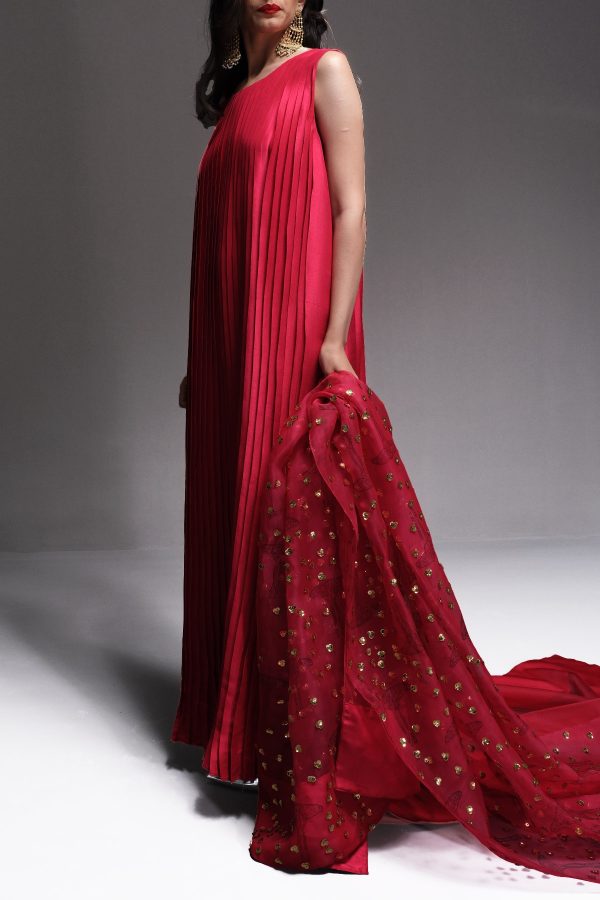 Tango Red Pleated Raw Silk Maxi with Embellished Dupatta - Image 2