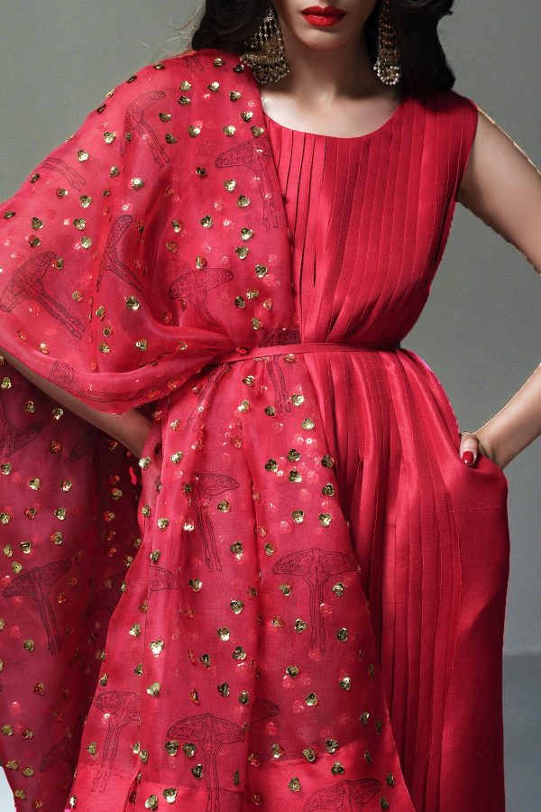 Tango Red Pleated Raw Silk Maxi with Embellished Dupatta - Image 3