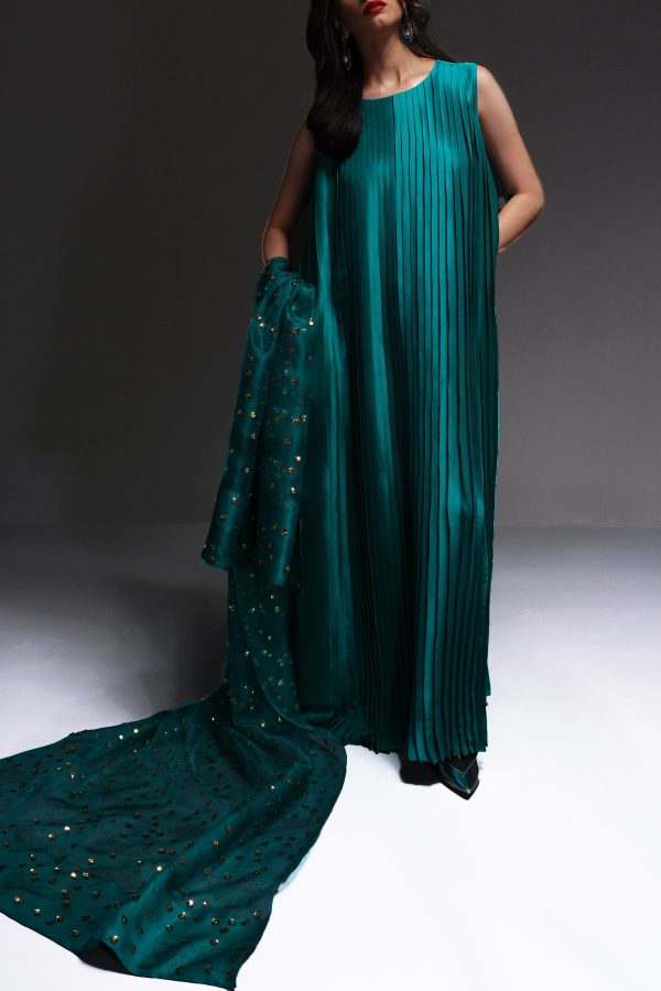 Shady Glade Pleated Raw Silk Maxi with Embellished Dupatta - Image 3