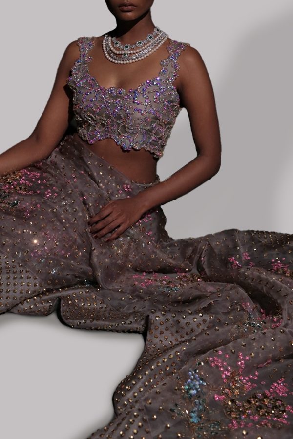 Steeple Grey Embellished Organza Sari - Image 3