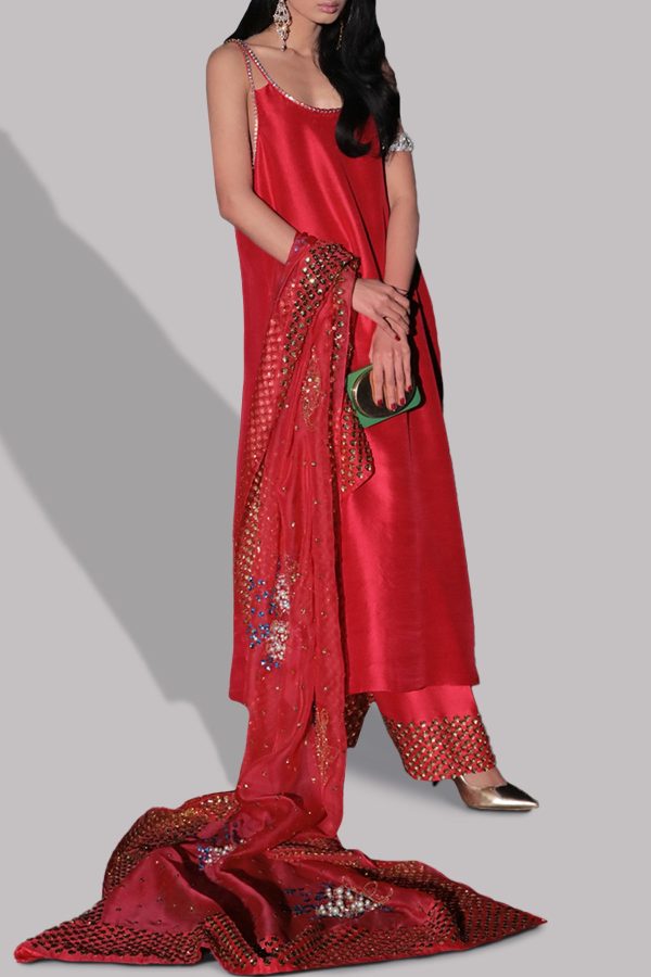 Lollipop Red Embellished Raw Silk Set