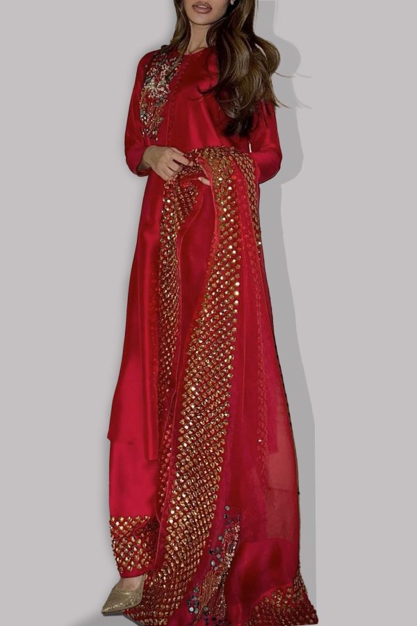 Lolipop Red Embellished Raw Silk Set