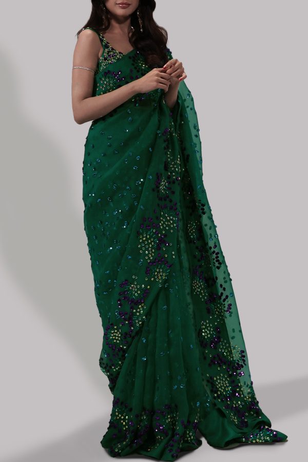 Emerald Green Embellished Organza Sari