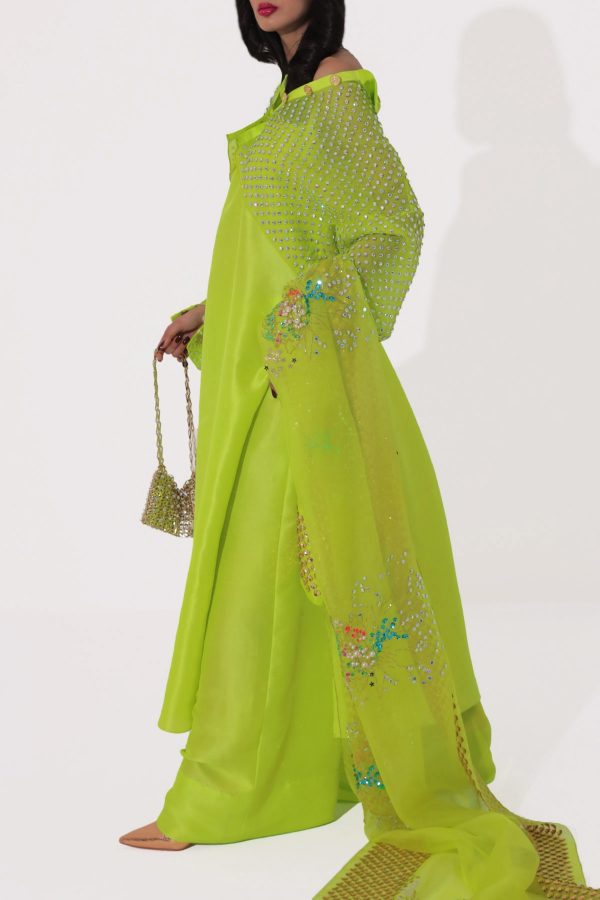 Lime Punch Embellished Raw Silk Set