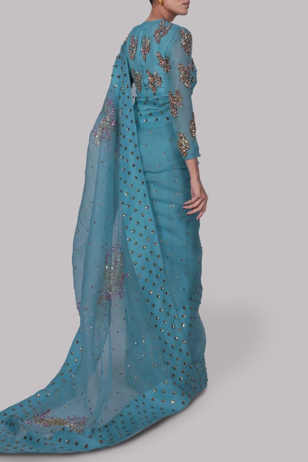 Blue Topaz Embellished Organza Sari - Image 2