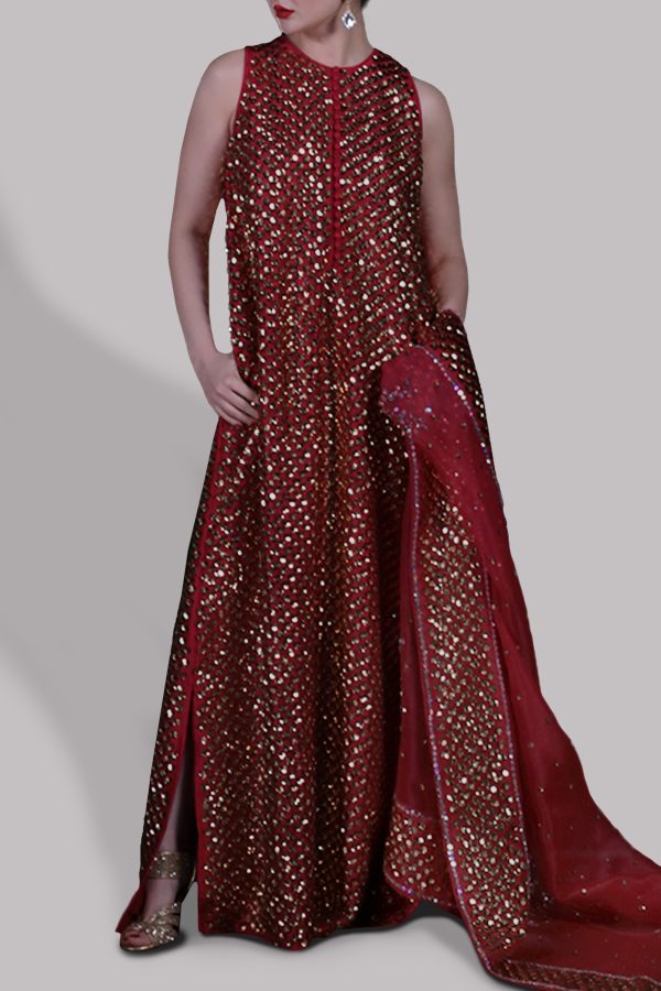 Tango Red Embellished Raw Silk Maxi