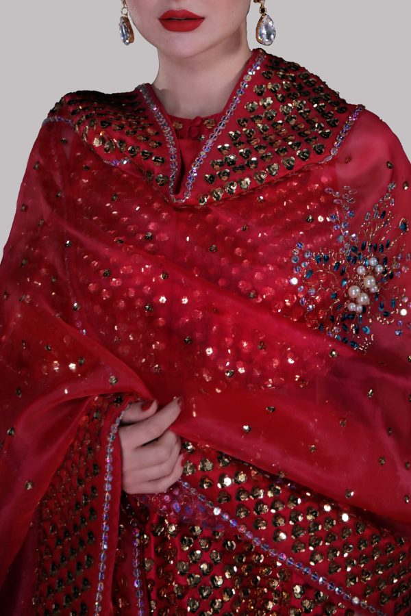 Tango Red Embellished Raw Silk Maxi - Image 3