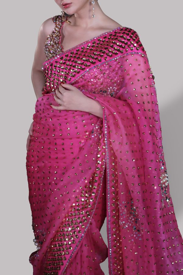 Diva Pink Embellished Organza Sari - Image 3