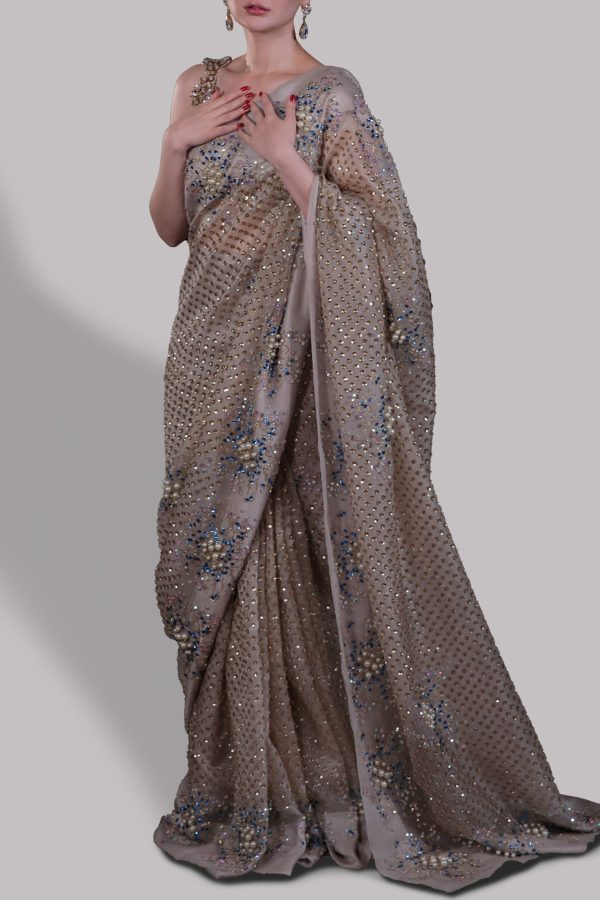 Silver Grey Embellished Organza Sari