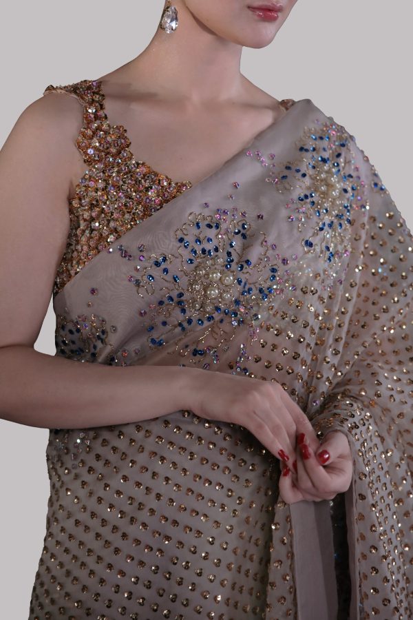 Silver Grey Embellished Organza Sari - Image 3