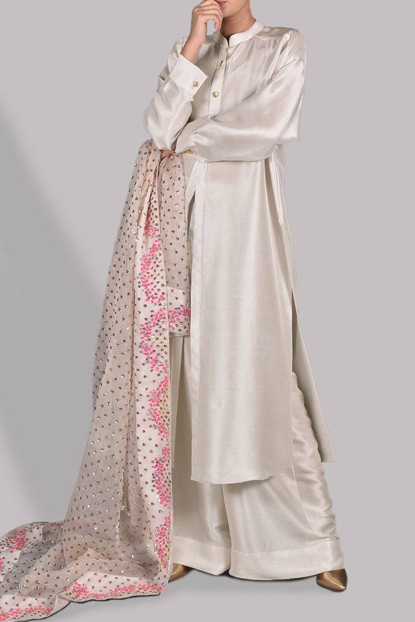 Egret Embellished Raw Silk Set