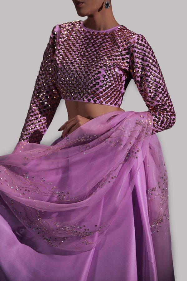 Lilac Embellished Blouse Skirt Dupatta Set - Image 3