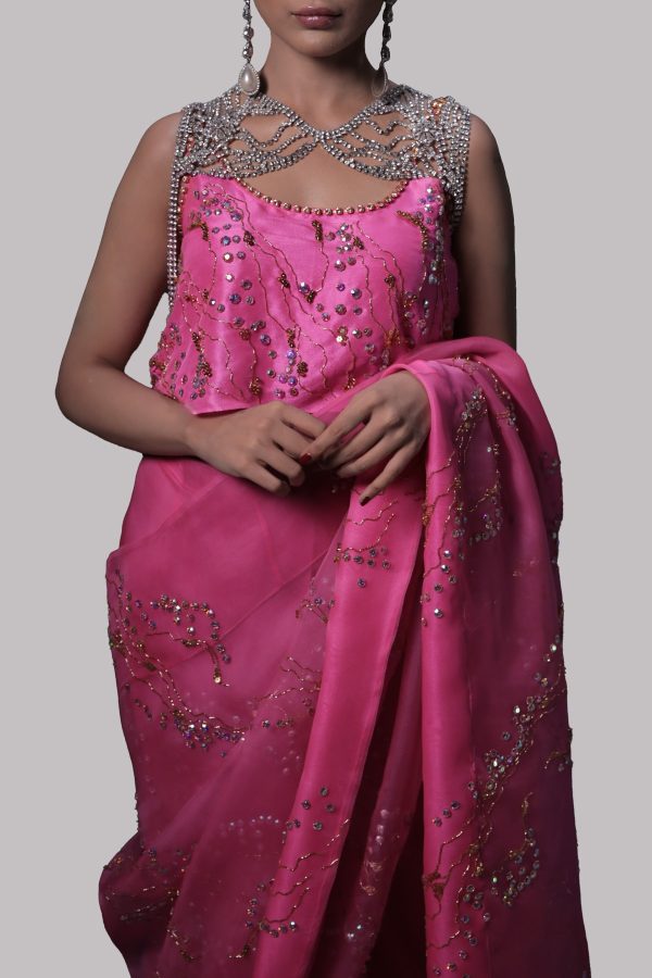 Azalea Pink Embellished Organza Sari - Image 2