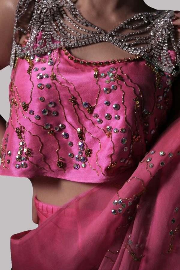 Azalea Pink Embellished Organza Sari - Image 3