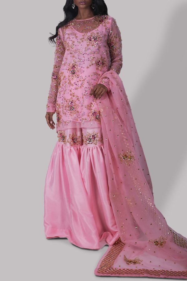 Rose Shadow Raw Silk Gharara Set