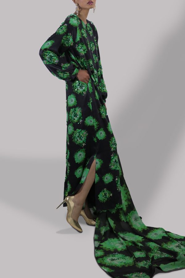 Black and green Digital Print Embellished Satin Silk Set - Image 2