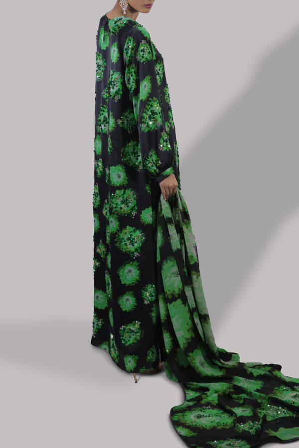 Black and green Digital Print Embellished Satin Silk Set - Image 3