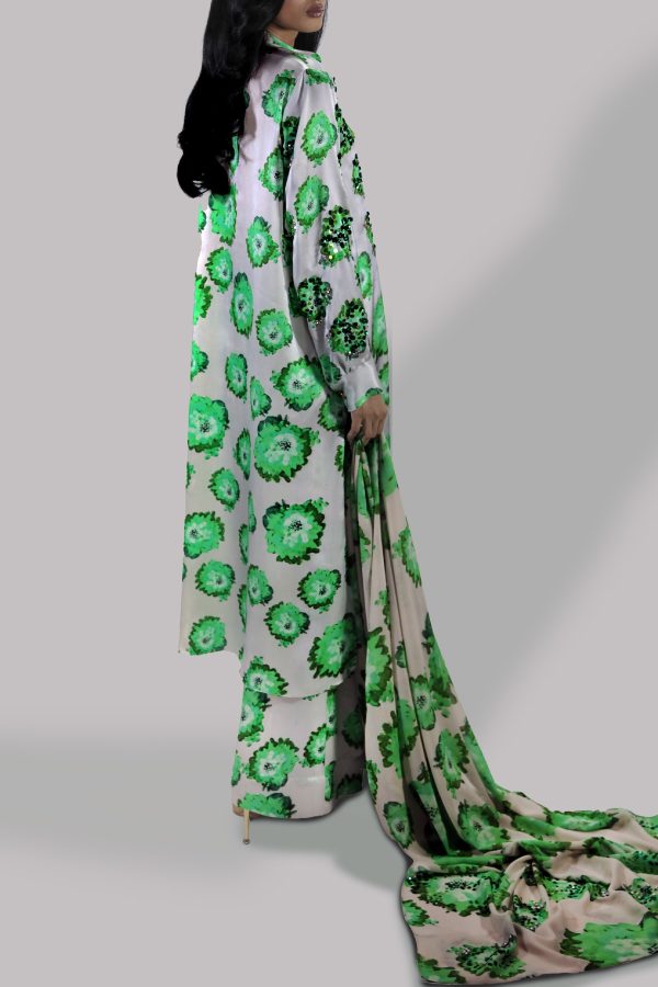 Jadeite and Green Digital Print Embellished Satin Silk Set - Image 2