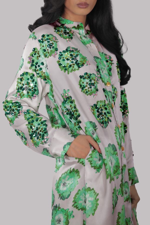 Jadeite and Green Digital Print Embellished Satin Silk Set - Image 3