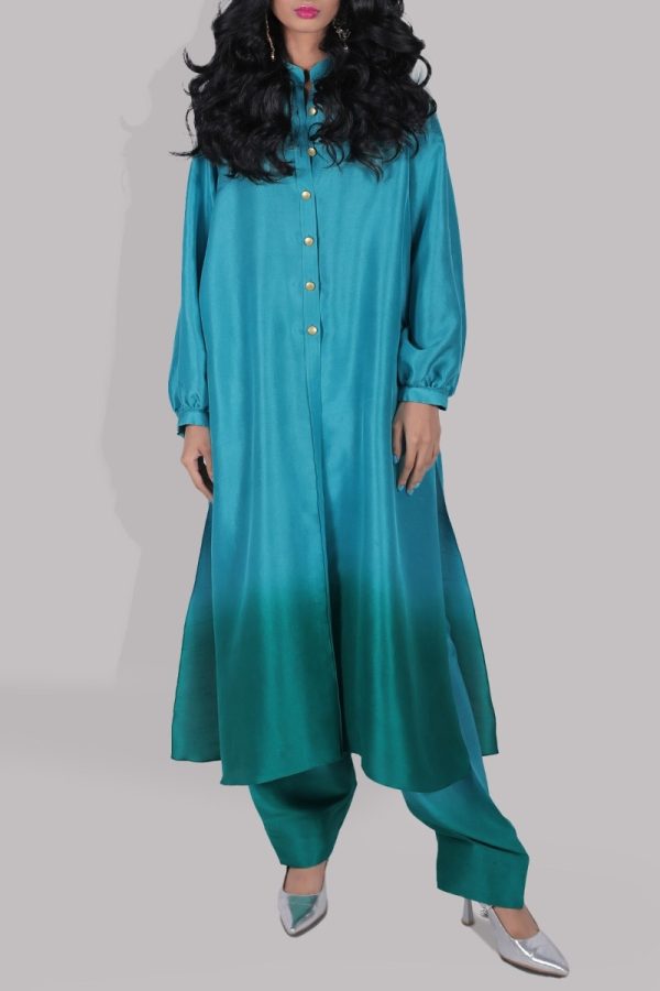 Veredian Green & Emerald Green Ombre Raw Silk Tunic Set