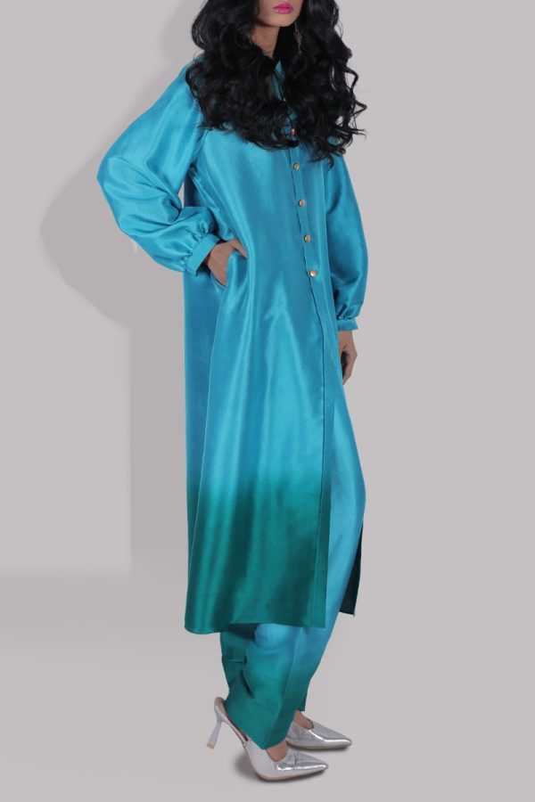 Veredian Green & Emerald Green Ombre Raw Silk Tunic Set - Image 2